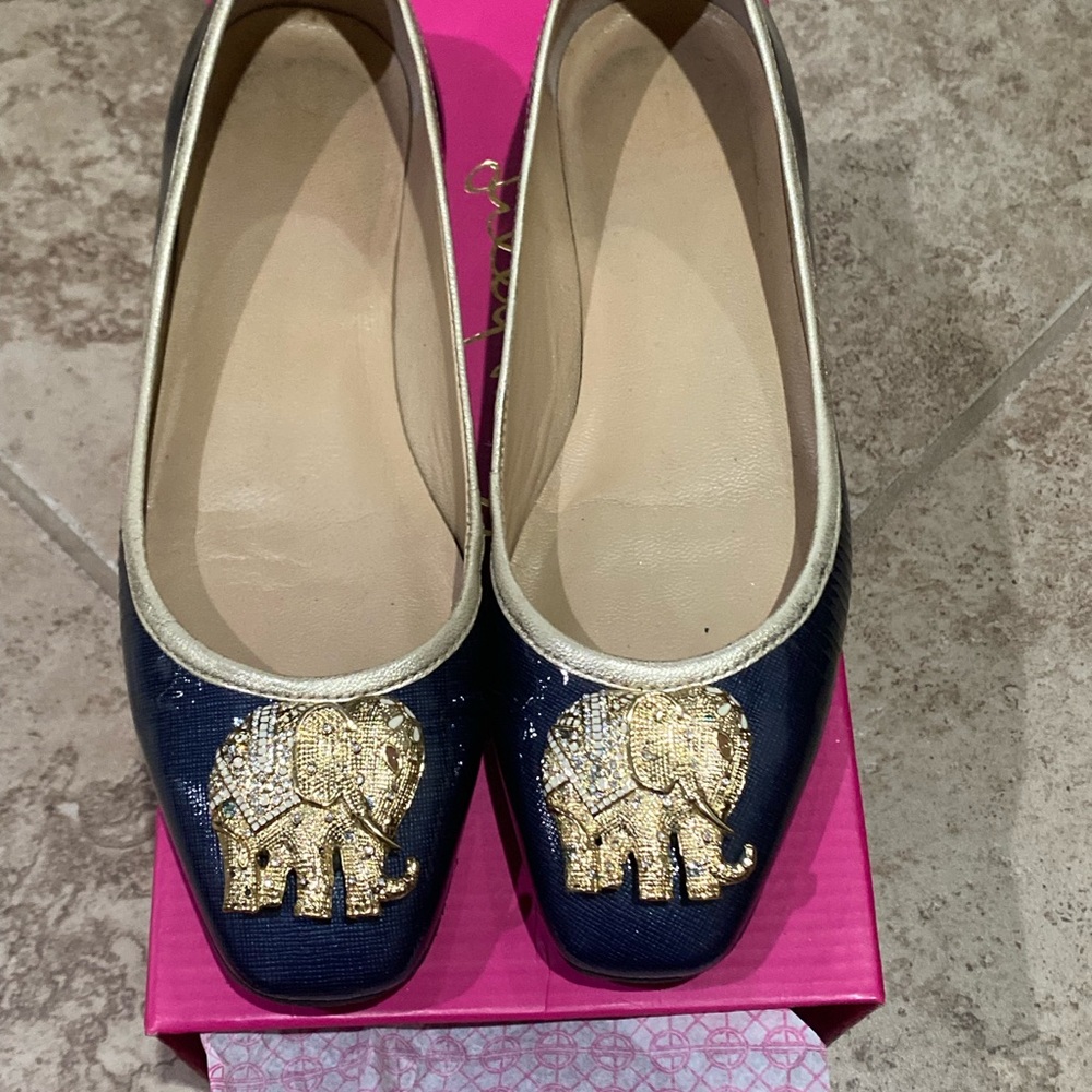 Lilly Pulitzer Trunks Up Elephant Ballerina Navy Flats Size 6 EXC Condition